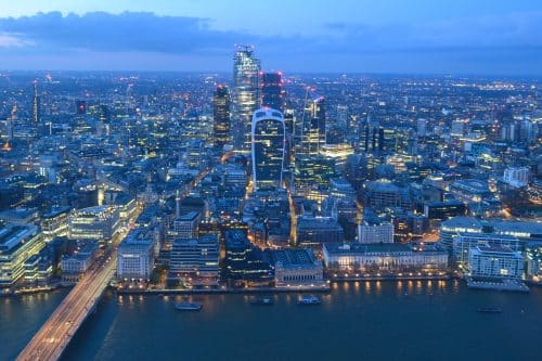 The City of London skyline at dusk, seen from The View from The Shard