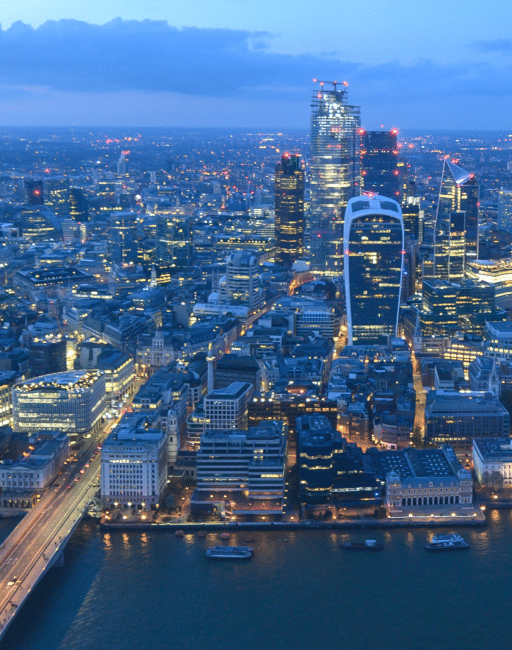 The City of London skyline at dusk, seen from The View from The Shard
